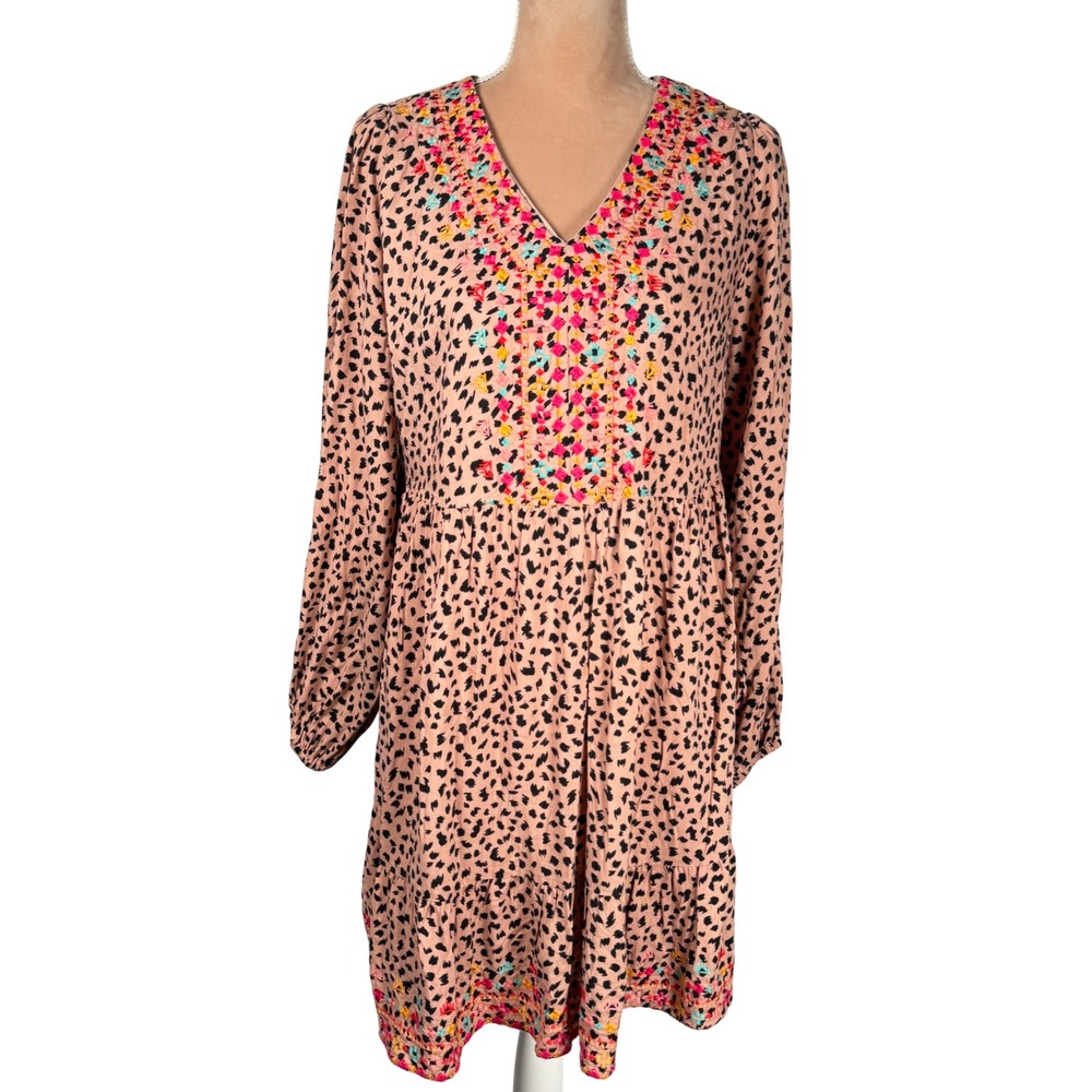 Savanna Jane Women's M Leopard Print Embroidered V Neck Tiered Long Sleeve Dress